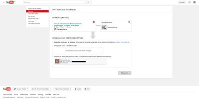 Youtube Kanal verschieben Konto ausgewählt