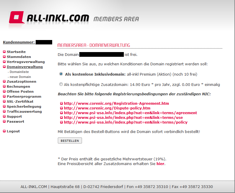 All-Inkl MembersArea Domain bestellen